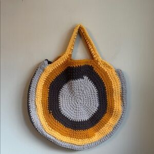 Handmade Crochet Round Tote Bag in Yellow and Gray